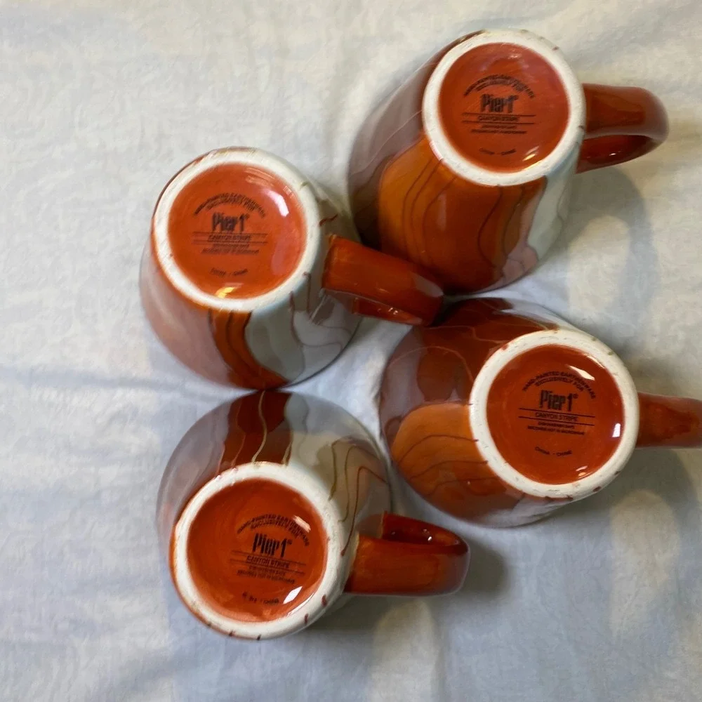 Pier 1 Canyon Stripe Hand Painted Earthenware Mug Set Orange White 4pc